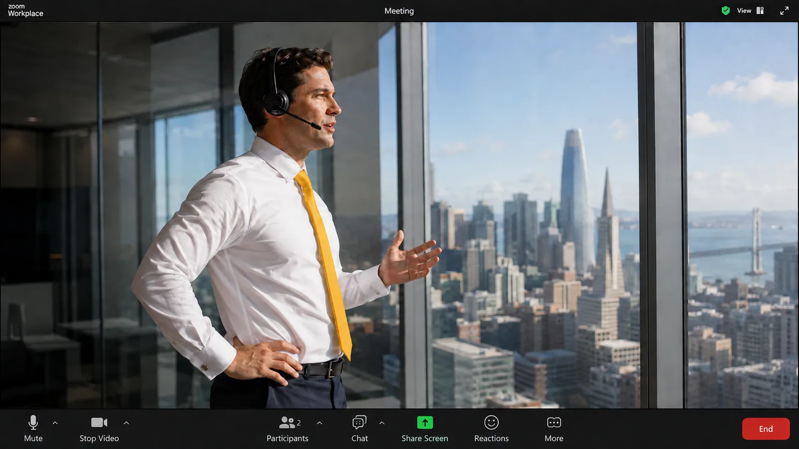 A sales rep on a Zoom call, standing in a sunlit San Francisco high-rise mid-conversation with a buyer, while the call is captured for one-click diagnosis.